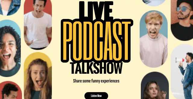 Live Podcast Talk Show Graphic Featuring Various People 