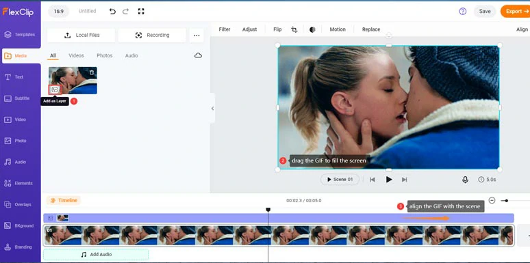 Add the GIF to the timeline and fill the screen and align it with the scene