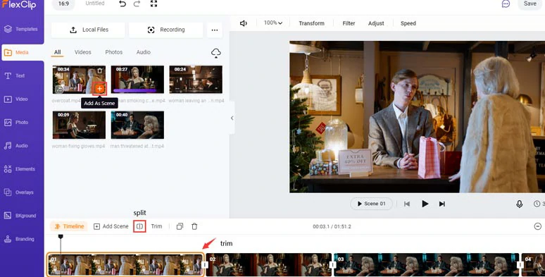 Add clips to the timeline and trim or split clips