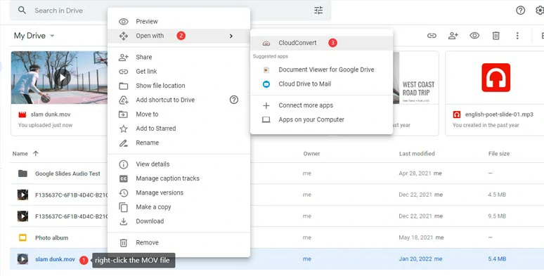 Convert MOV file directly to WebM in Google Drive by CloudConvert 