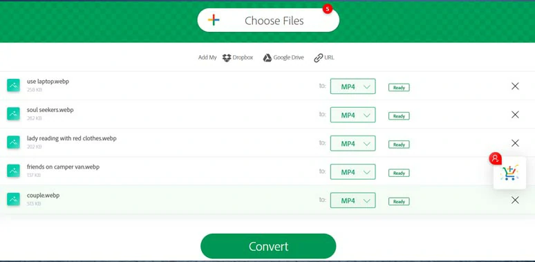 Convert WebP files to MP4 videos individually by OnlineConvert