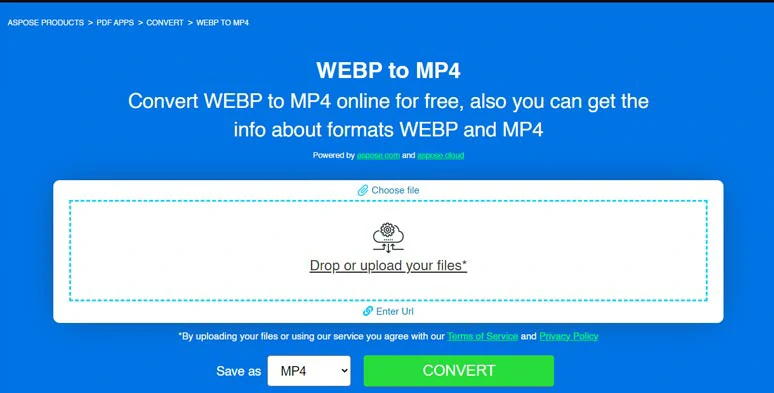 Convert WebP files to MP4 by ASPOSE online