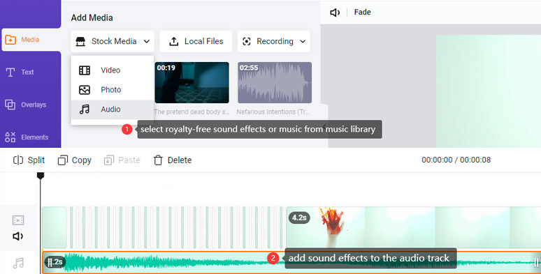 Add royalty-free sound effects or music to strobe effect video
