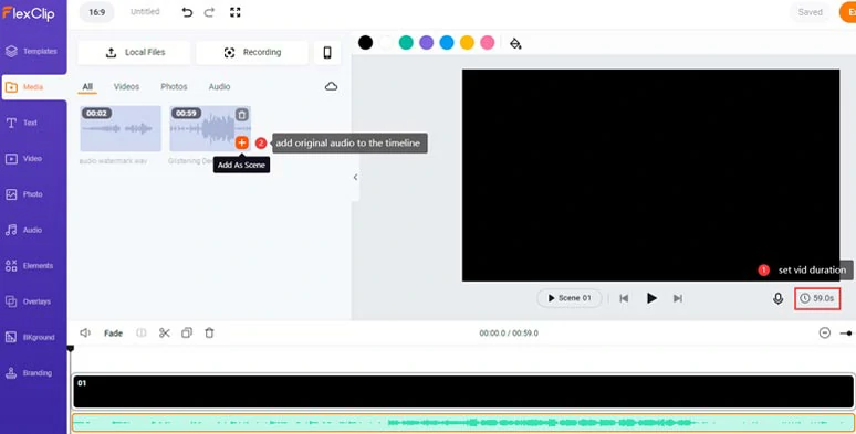 Set video duration and add your original audio to the timeline