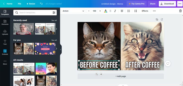 Edit meme templates of Canva meme generator 