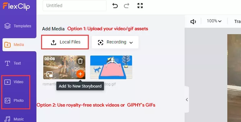 Upload video or GIF assets to FlexClip or use its royalty-free stock assets