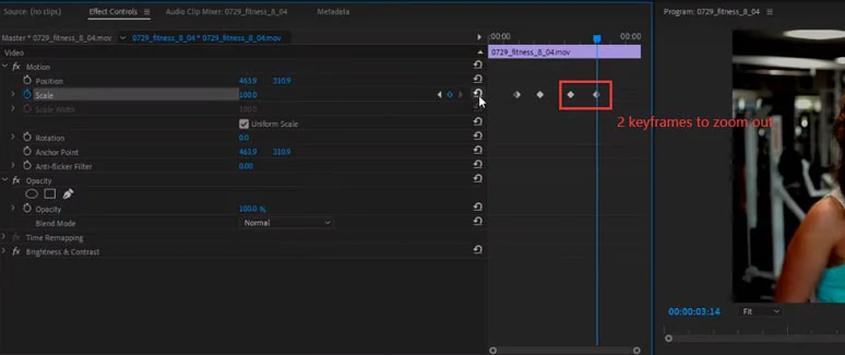Add another 2 keyframes to zoom out on a video 