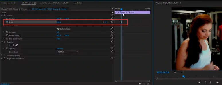 Create the first keyframe for the start of the zoom in effect