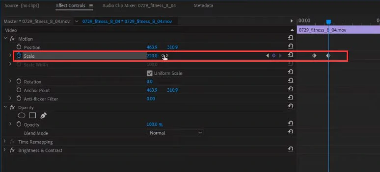 Scale up the video size and add another keyframe for the zoom in effect