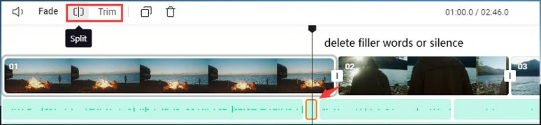 Split, trim, and delete audio files with filler words and silence