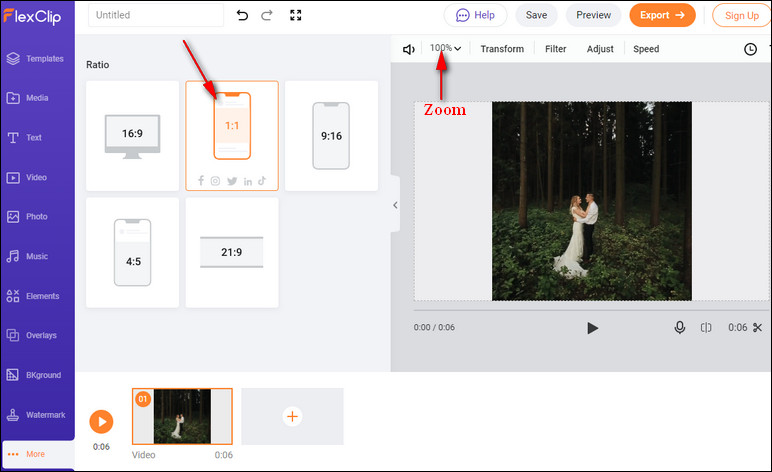 Crop Video Online with FlexClip via Change Ratio - Step 2