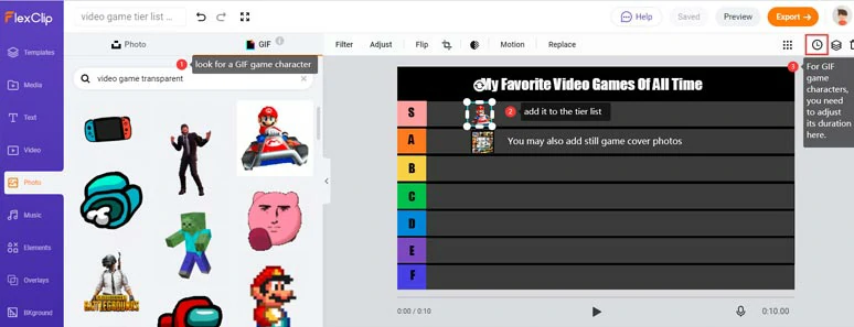 Add GIF or image game characters to each tier 