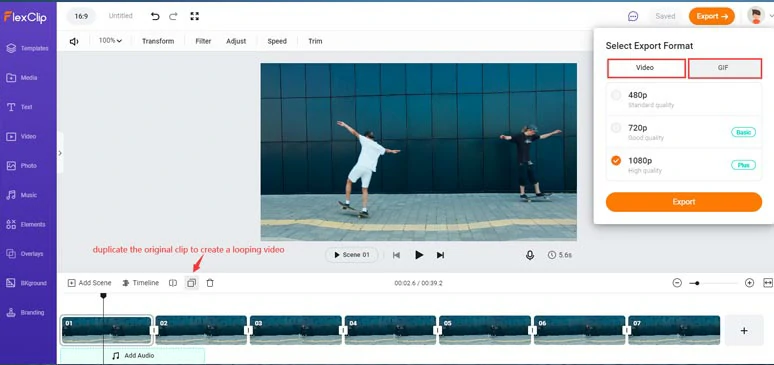 FlexClip video looper allows you to create a looping video or a looping GIF online