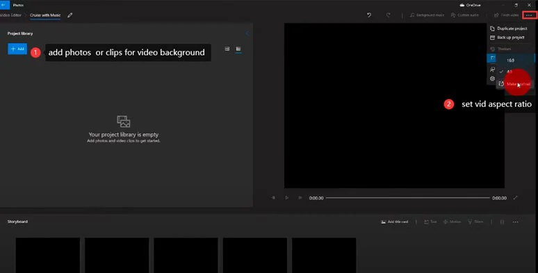 Add photos or clips as a video background and set the video aspect ratio needed