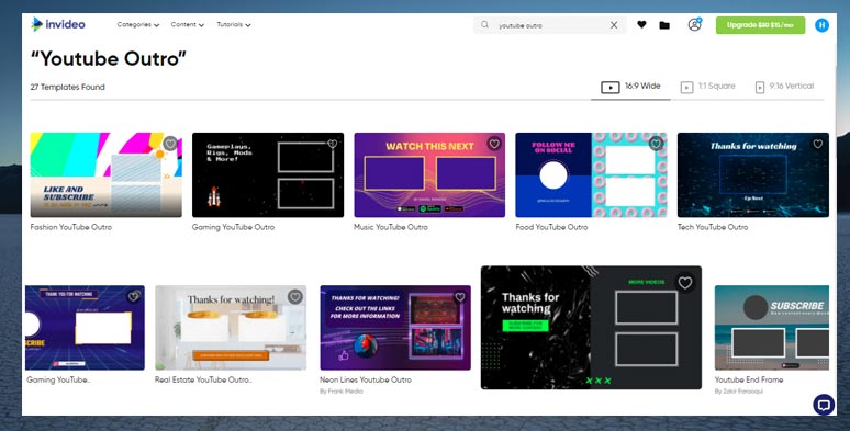 Free YouTube outro templates in Invideo