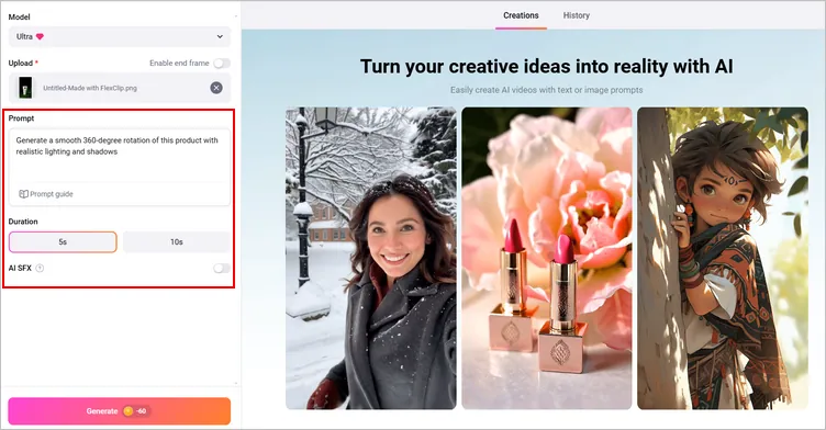 Make 360° Product Video From Just 1 Image Using FlexClip AI: Prompt