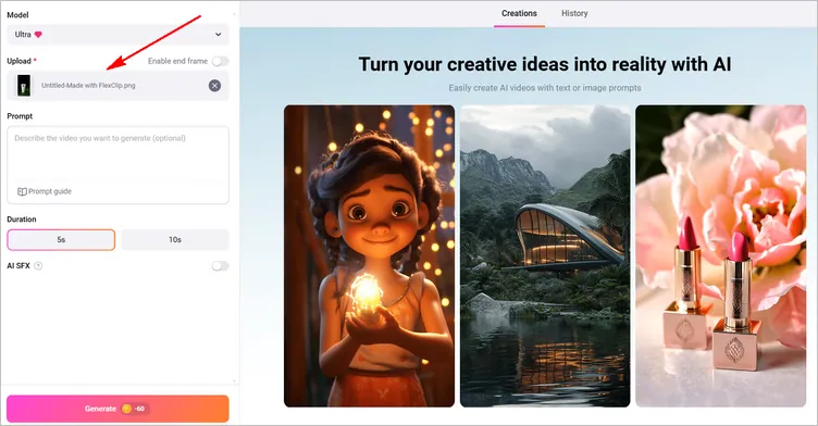 Make 360° Product Video From Just 1 Image Using FlexClip AI: Upload