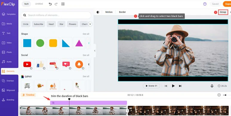Group two black bars and trim their duration in the video