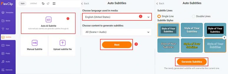 Automatically add captions to Facebook videos by FlexClip AI auto subtitle generator