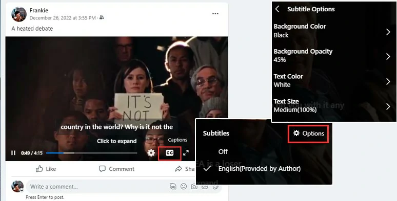 Customize the details for Facebook video captions