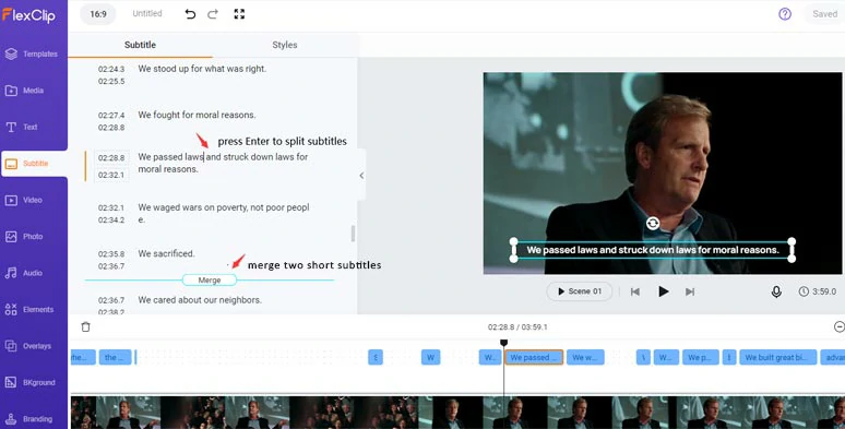 Proofread auto-generated Facebook video captions and split or merge subtitles