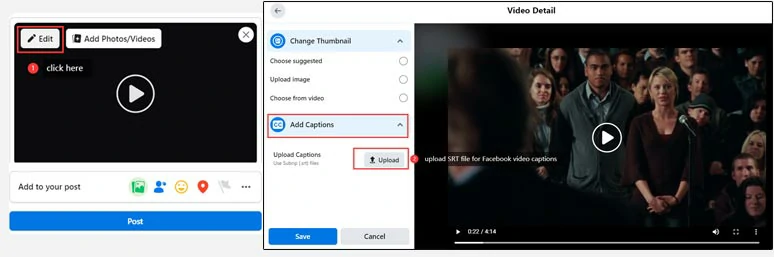 Upload an SRT file for the closed caption of the Facebook video