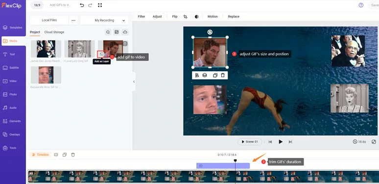 Add GIFs to the video and adjust the GIF’s size position duration and layer