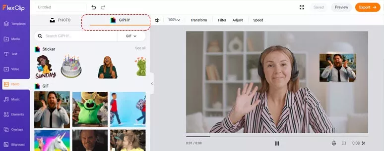 Directly add a GIF from GIPHY’s assets to your video by FlexClip