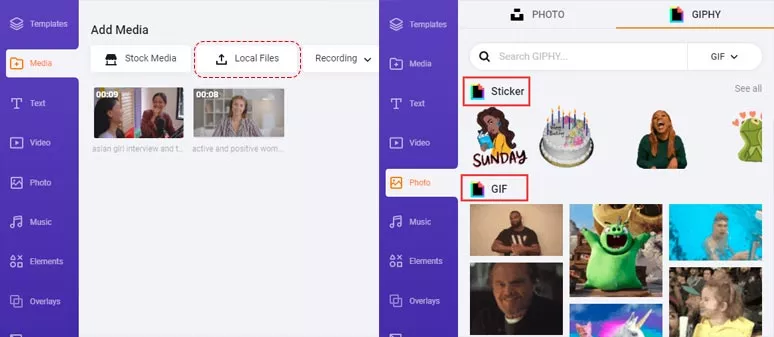 Upload video and gif assets or find a GIF from GIPHY within FlexClip