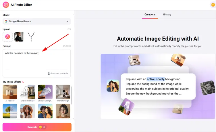 Add Jewelry to a Photo with FlexClip's AI Photo Editor - Write Prompt