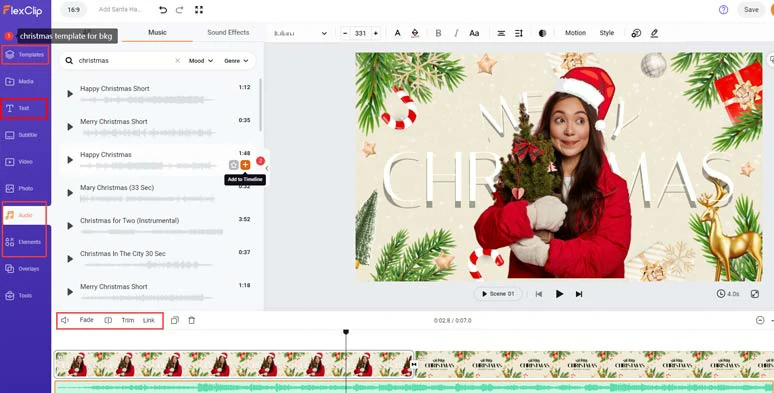 Add Christmas background from free Christmas templates and animated text and Christmas music for Christmas video