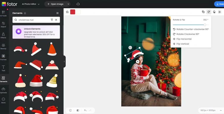 Add Santa hats to photos by Fotor online