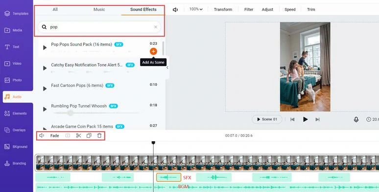 Add multiple sound effects and music to your Reels’ video by FlexClip online