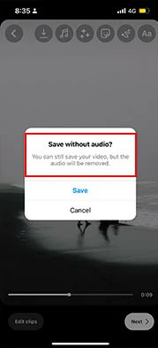 You can’t save Reels’ video with added sound effects and music