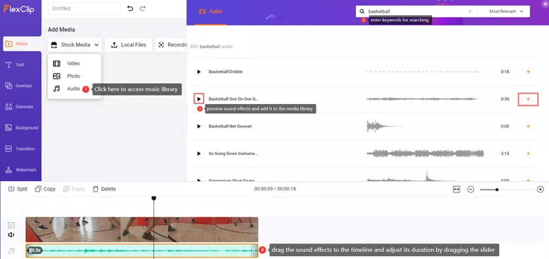 Add the sound effects from the stock audio to the video