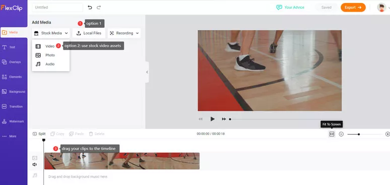 Upload video assets and drag them to the timeline