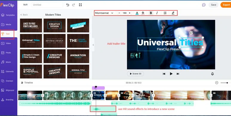 Use Risers, Hit, and other sound effects to introduce a new scene with a title.