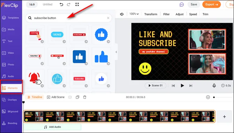 Add Subscribe Button to Video with FlexClip - Elements