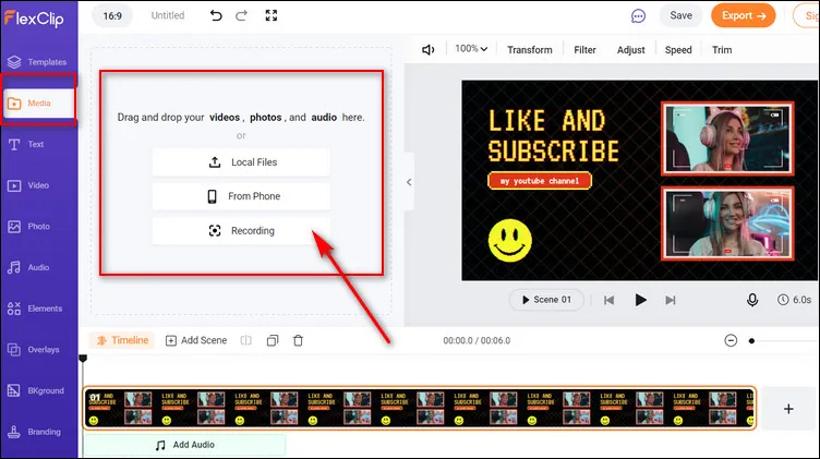 Add Subscribe Button to Video with FlexClip - Upload