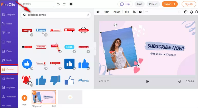 Add Subscribe Button to Video with FlexClip - Elements