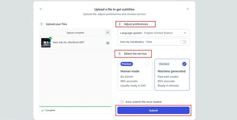 Select the source language in the video and choose either human or machine to generate subtitles