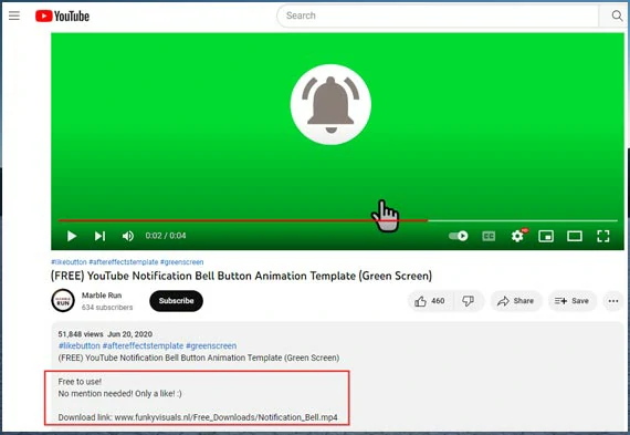 Download the free YouTube notification bell animation with a green screen from YouTube