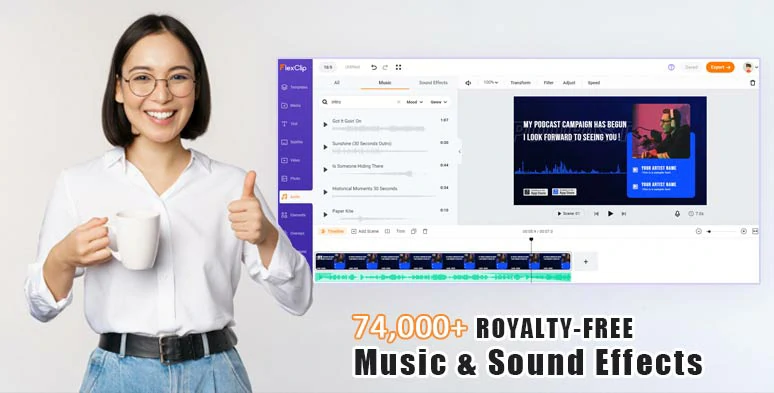 Access vast royalty-free music and sound effects for your AI explainer videos