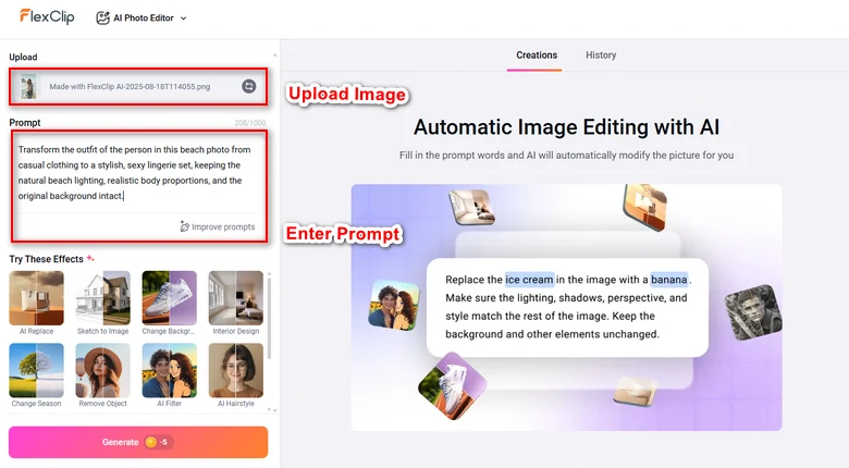 Upload a Photo to FlexClip AI Lingerie Generator