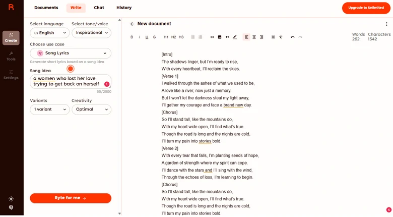 Rytr Generating Lyrics