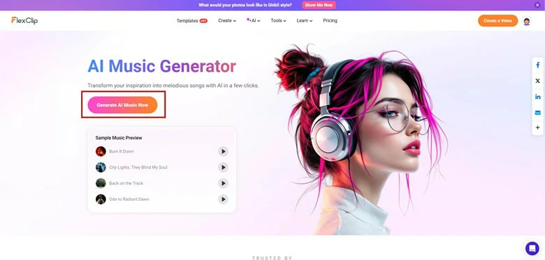 Access FlexClip's AI Meditation Music Generator with Your Browser
