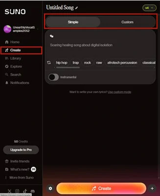 Access Suno.ai Website and Shift to Create Panel for Meditation Music Generation