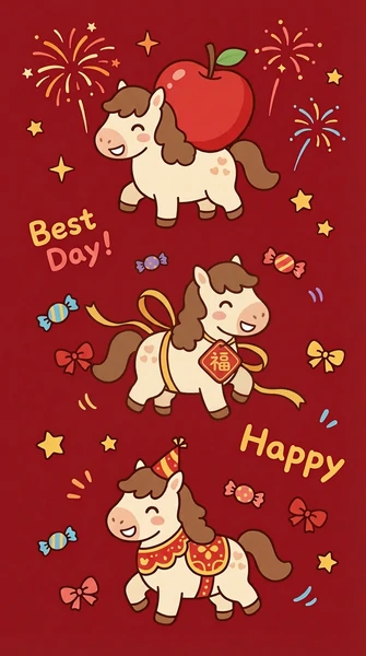 新年快樂圖範本 - 新年小馬