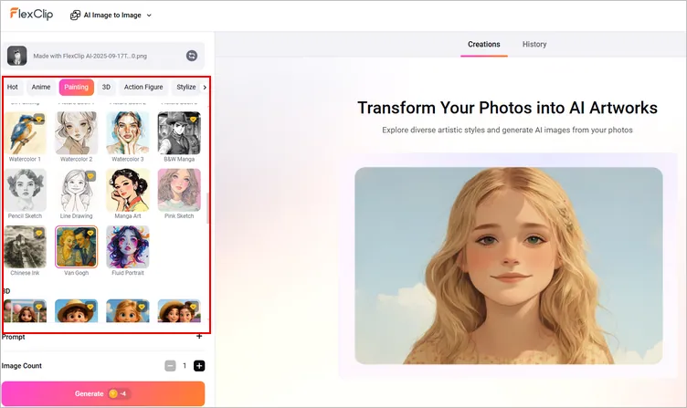 Generate Stylish Pet Portraits with FlexClip's Image to Image Tool - Choose Style