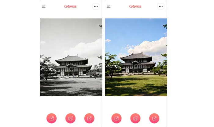 Photomyne Colorizeの白黒写真カラー化対比図
